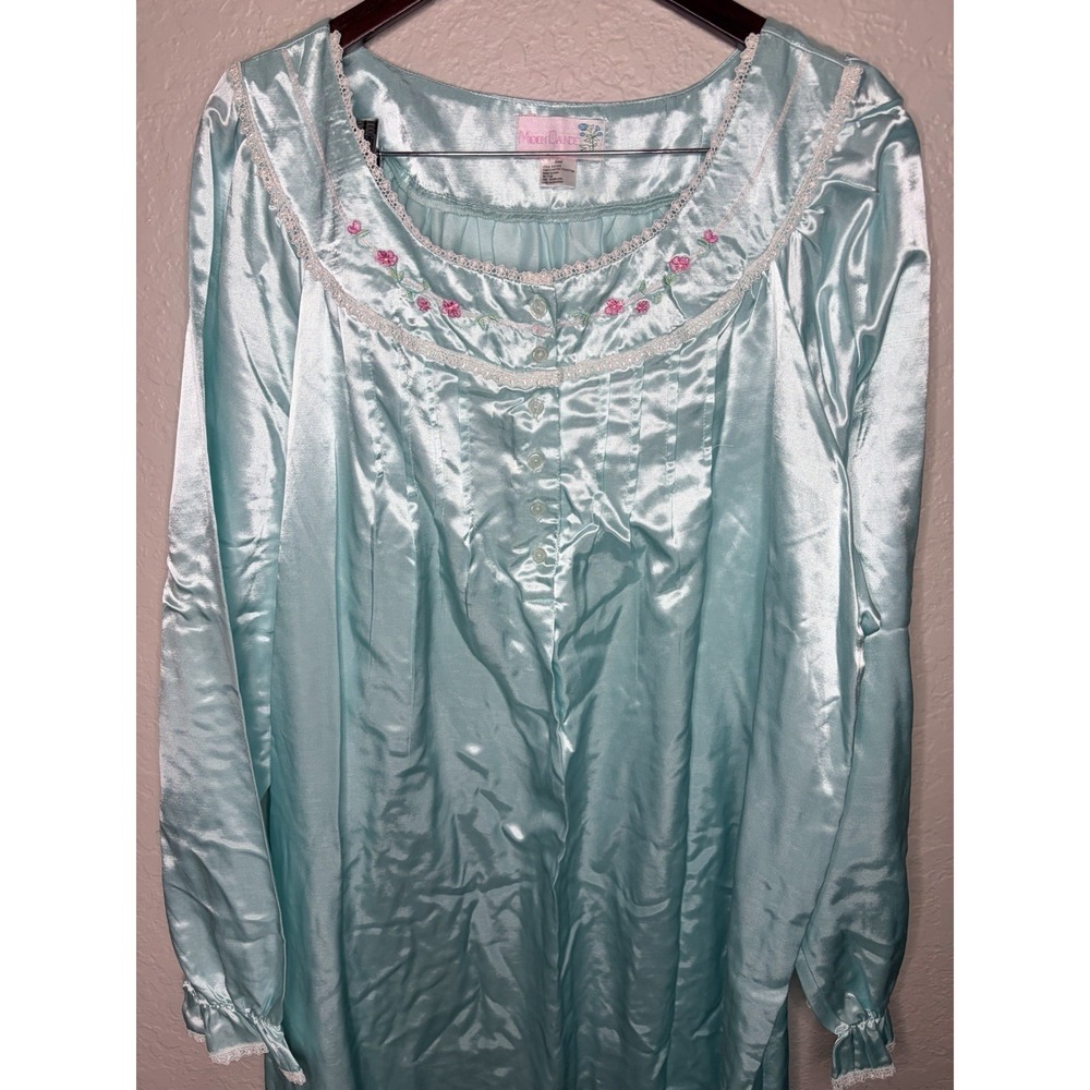 Women's Moon Dance Vintage Satin Night Gown, Teal, Embroidered, Size 3X